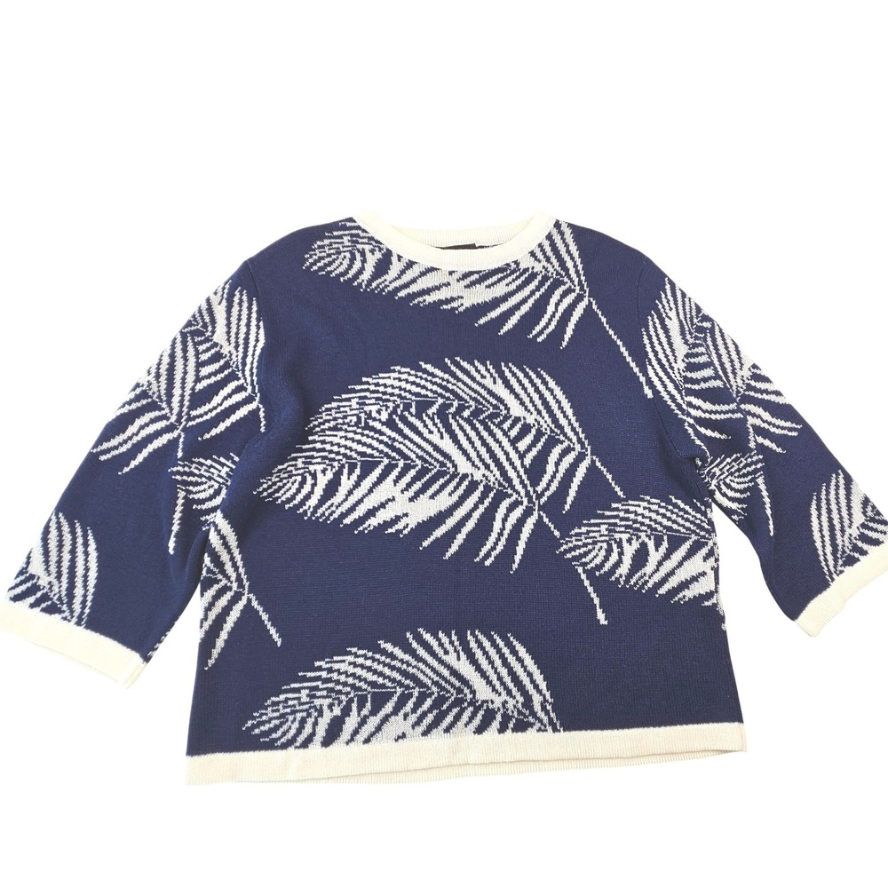 Vintage 1980s Dylani Knitwear Palm Frond Navy White Sweater XL Retro Tropical